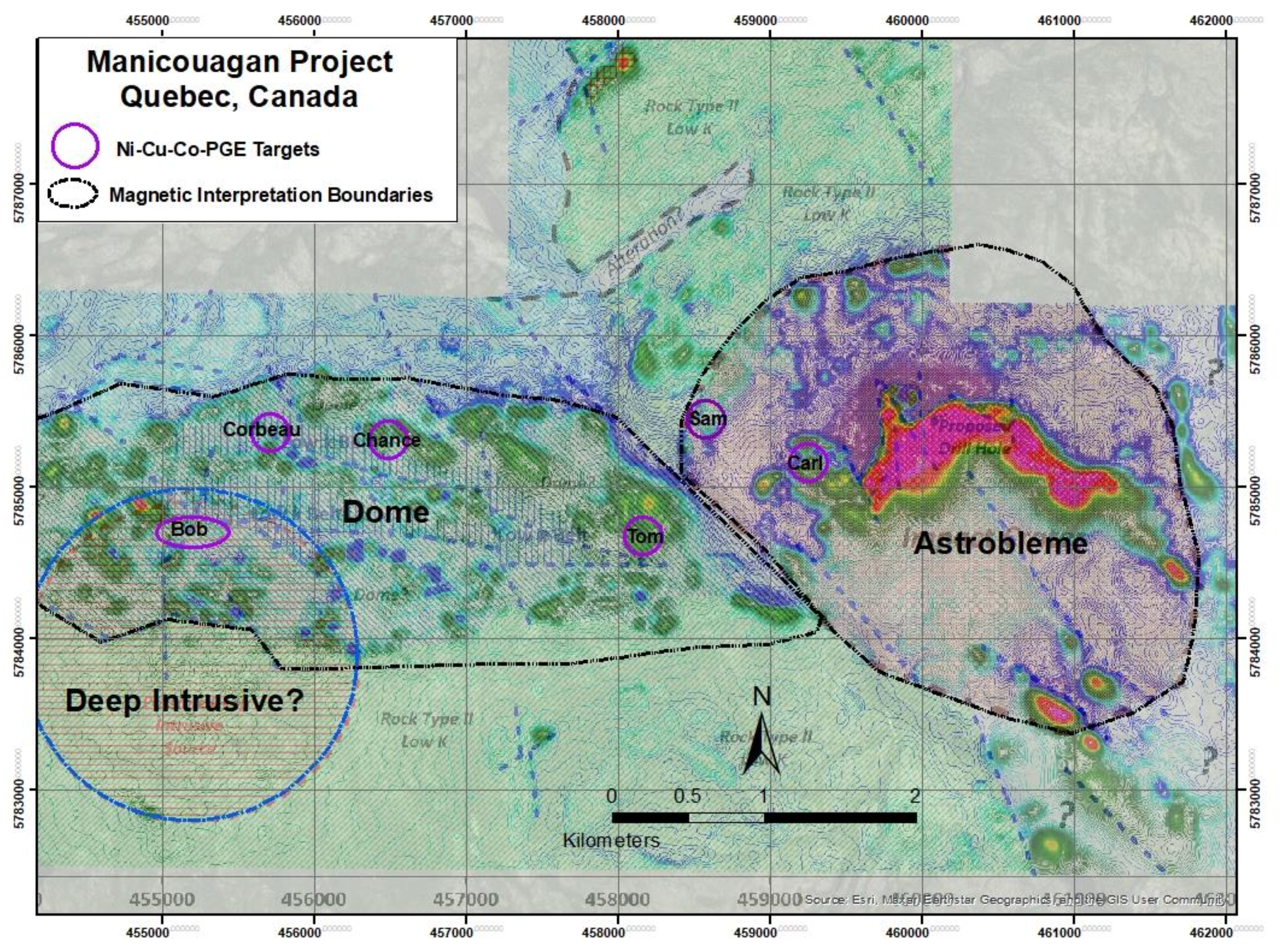 A map of the Manicouagan project indicating the presence of suspected astrobleme